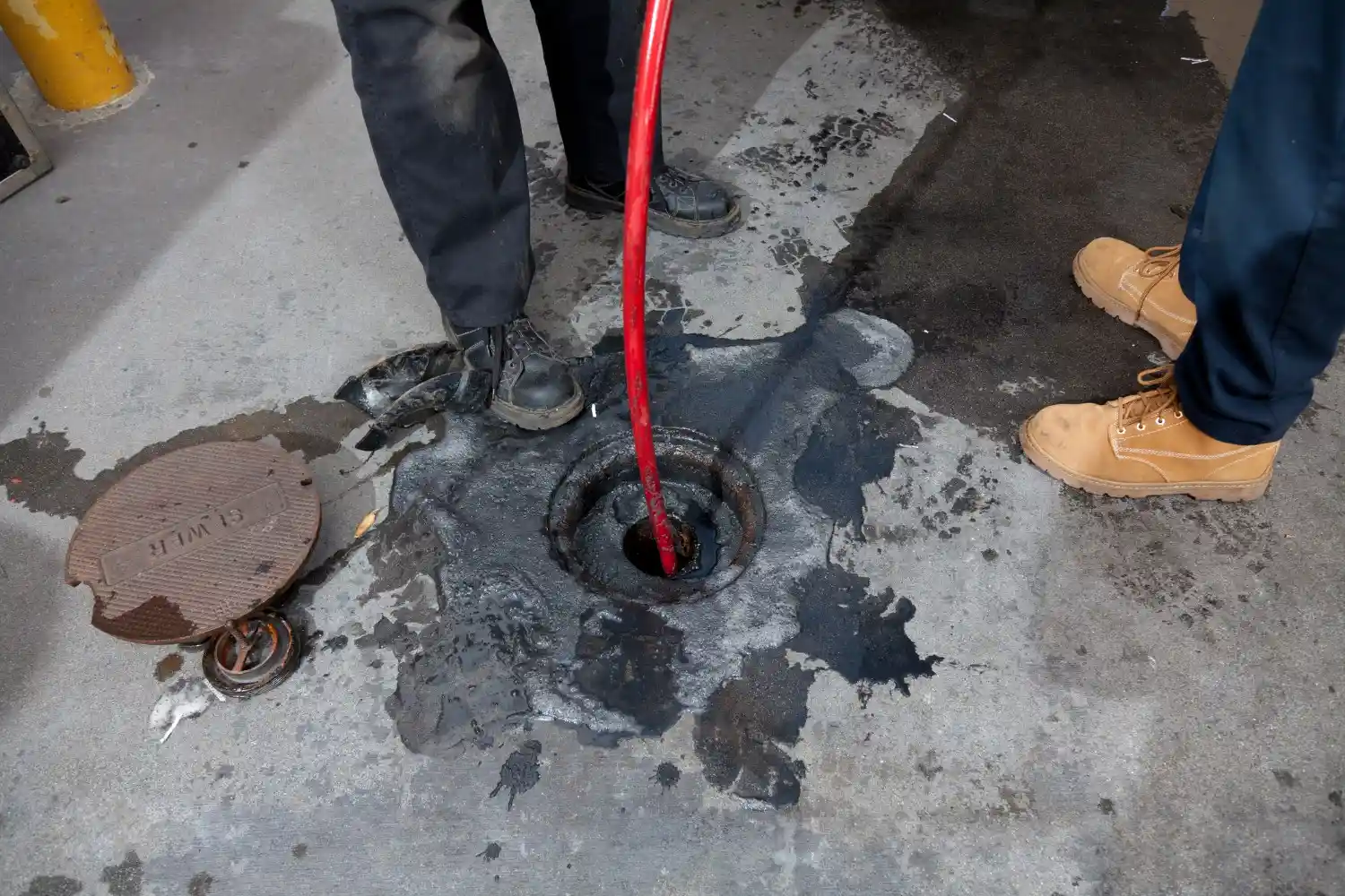 A worker uses a red hydro jetting hose to clean a heavily soiled, open floor drain surrounded by mud and sludge.