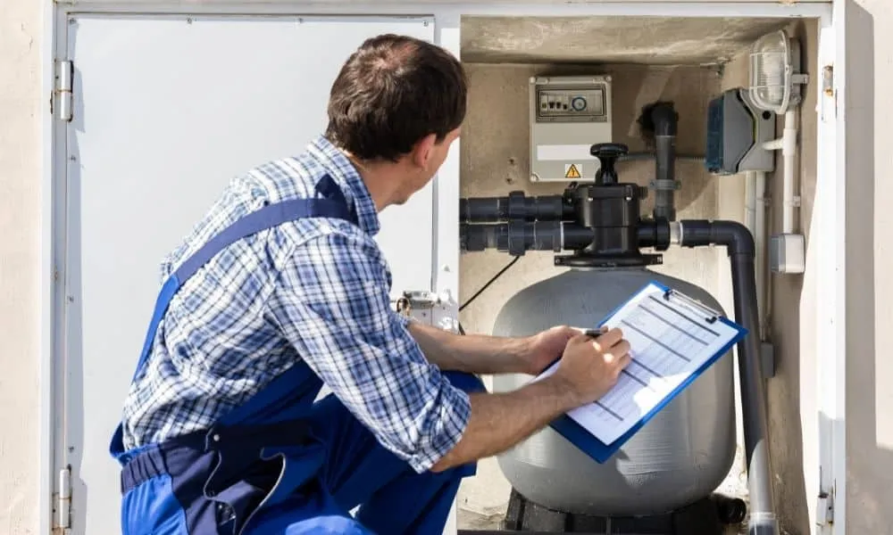 A technician inspecting pool filtration equipment.