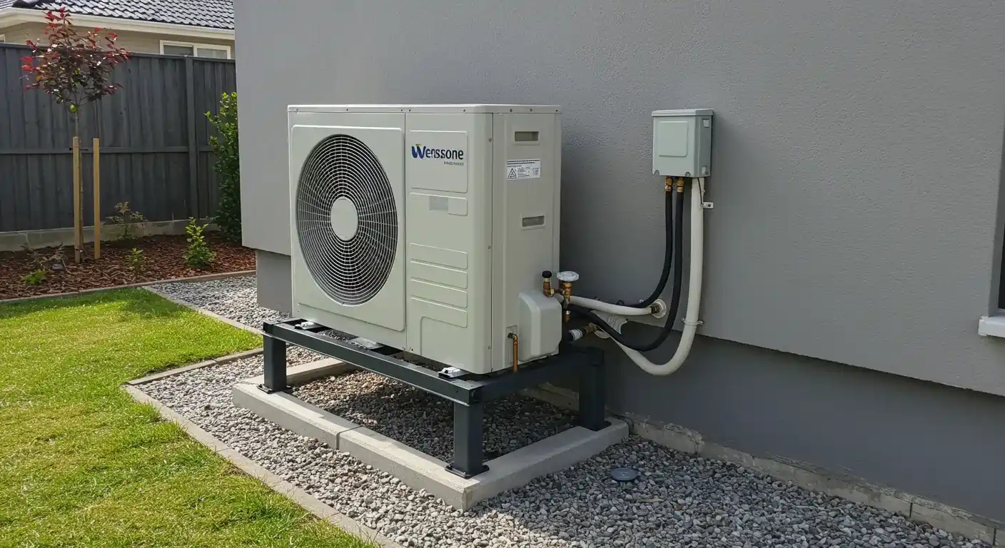 A heat pump outdoor unit on a metal stand on a gravel bed next to a gray house.
