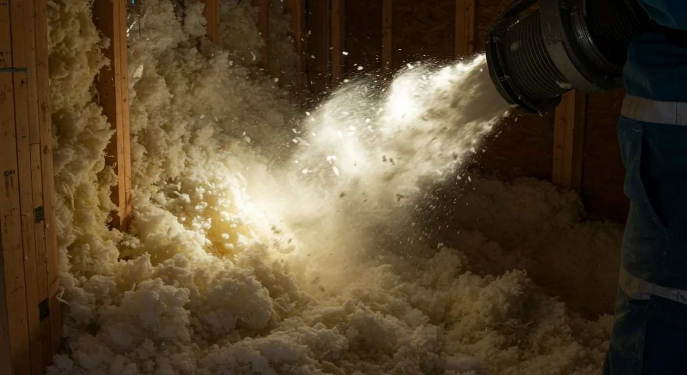 Blown-in insulation being installed.