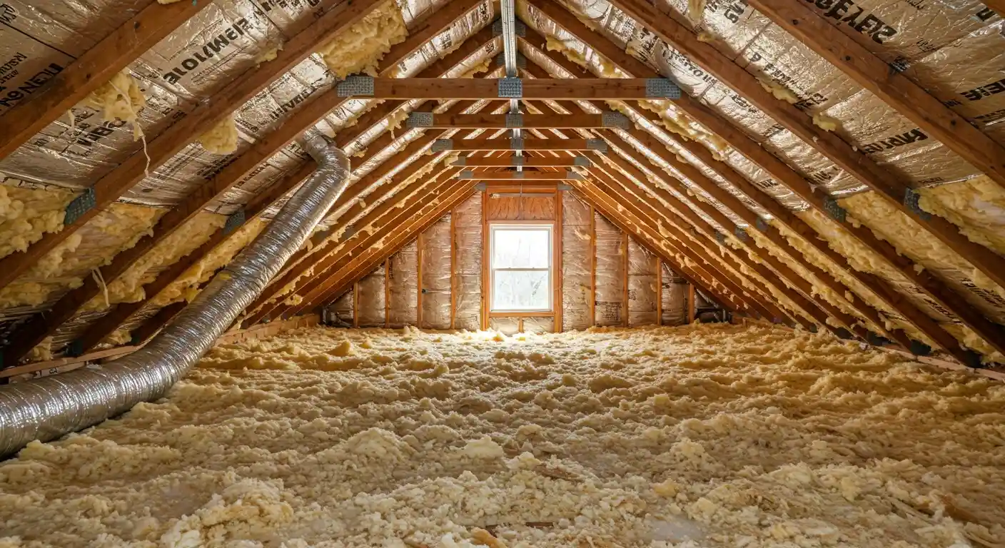 Insulated silver HVAC ductwork connected to an air handler unit in a residential wooden attic