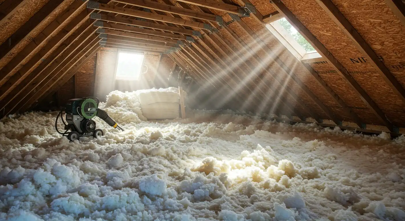 Blown-in insulation machine in an attic.