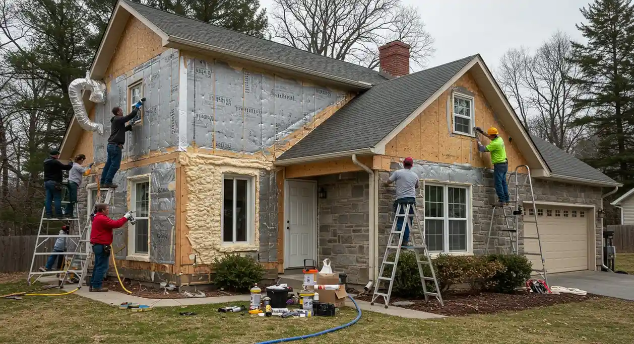 Multiple workers insulating and siding house.
