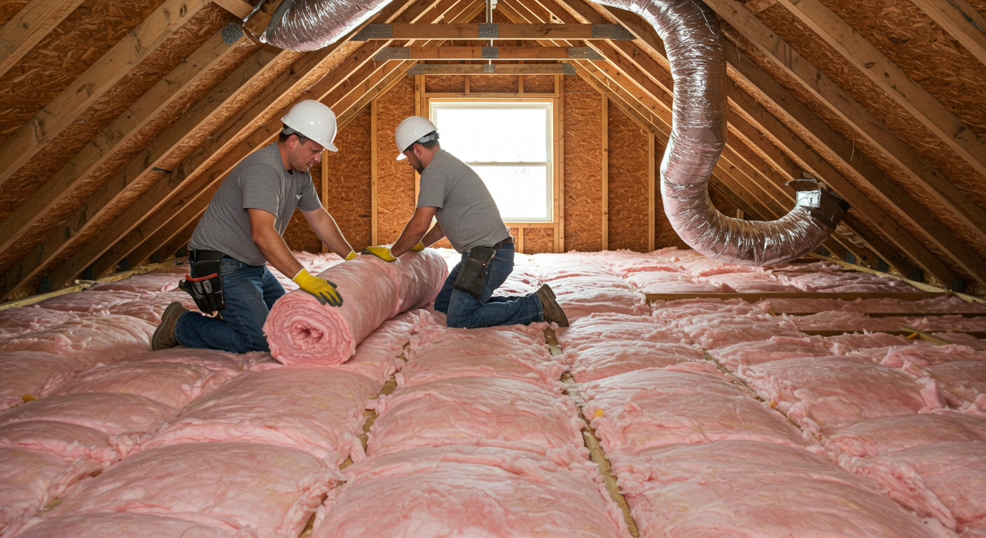 Two people installing insulation in an attic.