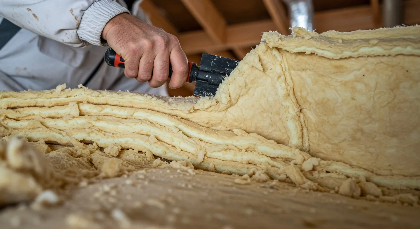 A person cutting fiberglass insulation.
