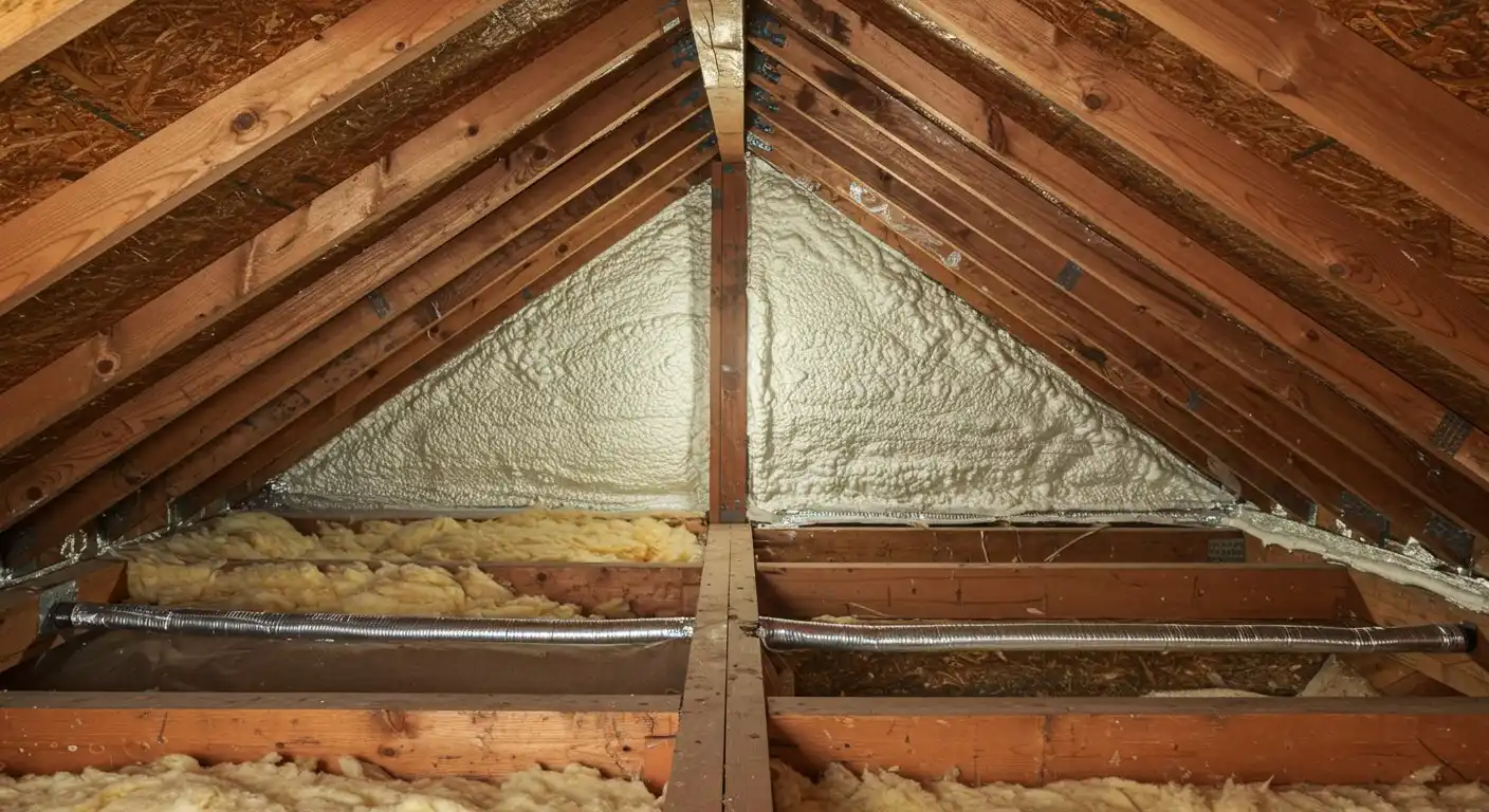 Installed insulation and foam in an attic.