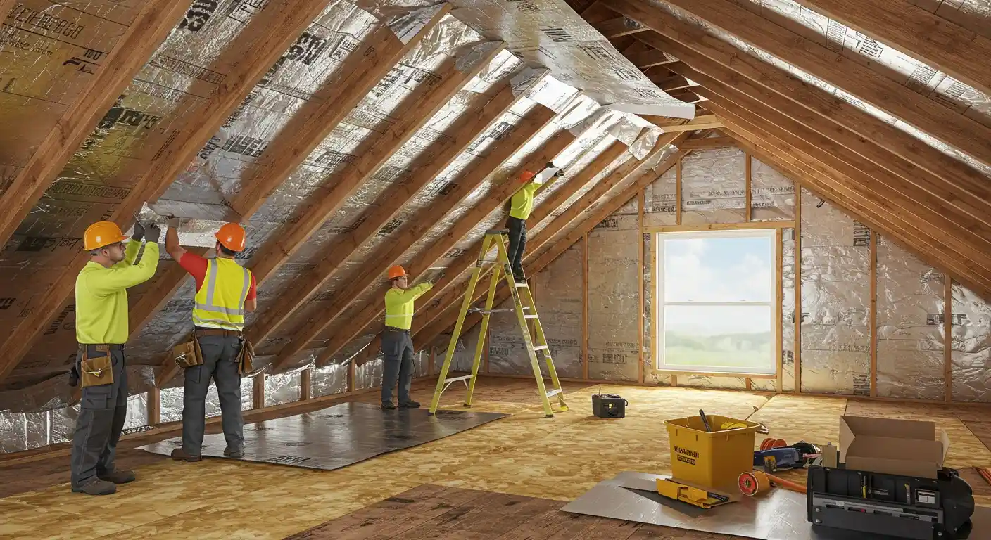 Workers installing insulation in a house.