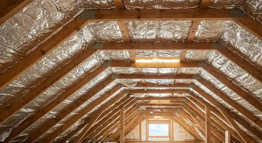 The interior of a well-lit attic with exposed wooden trusses. The roof deck and gabled walls are covered with a reflective radiant barrier.