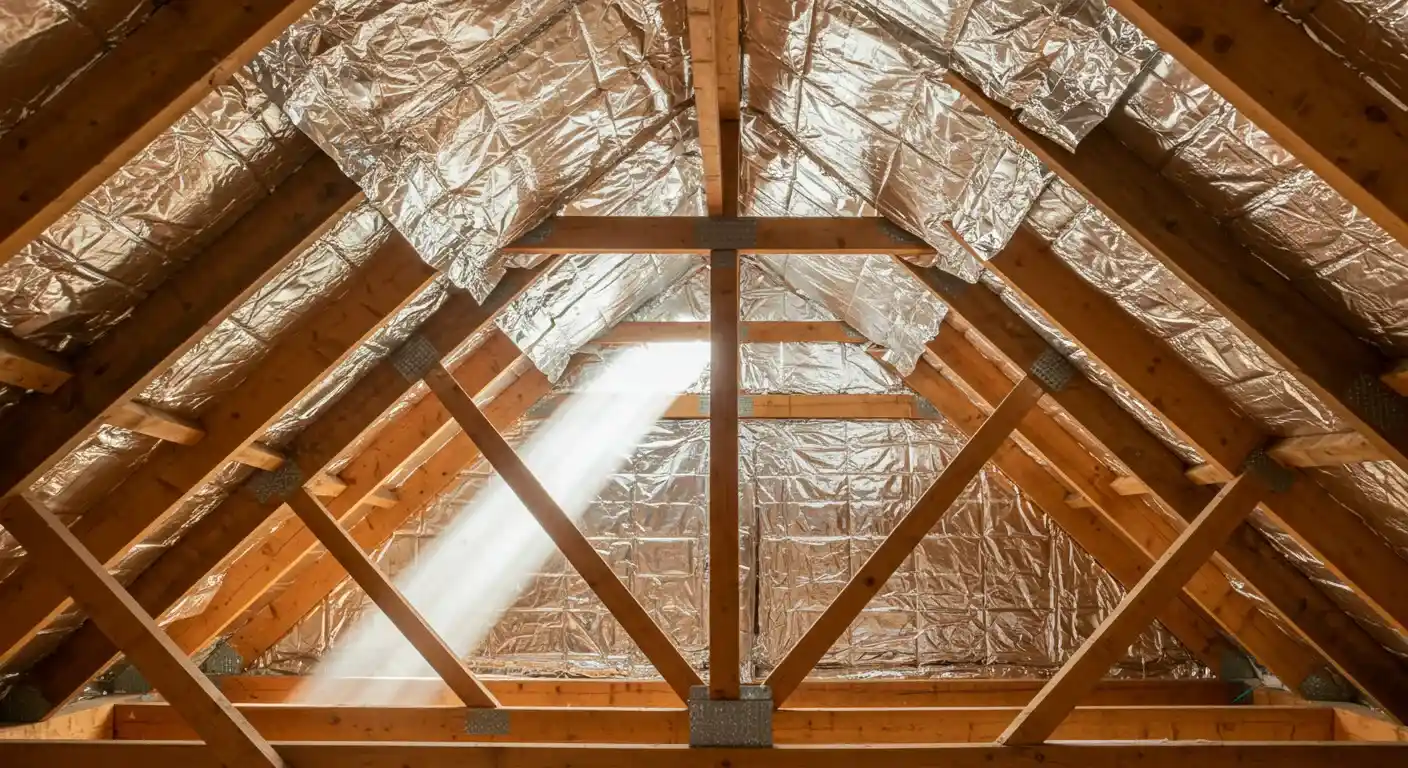 A bright ray of light shines down from a gap in the roof rafters of an attic, which is covered with a reflective radiant barrier.