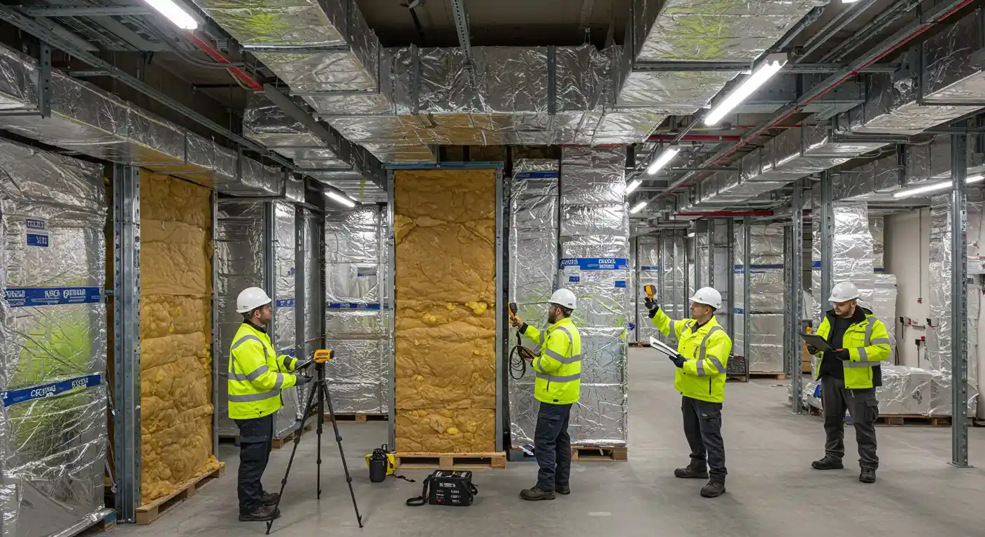 Group of workers inspecting building insulation.