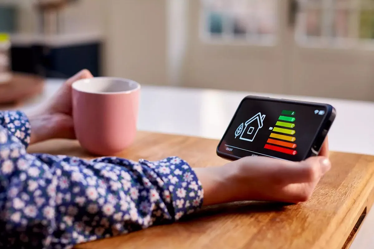 Woman with phone showing energy rating.