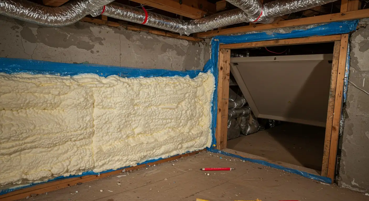 A basement wall insulated with foam.