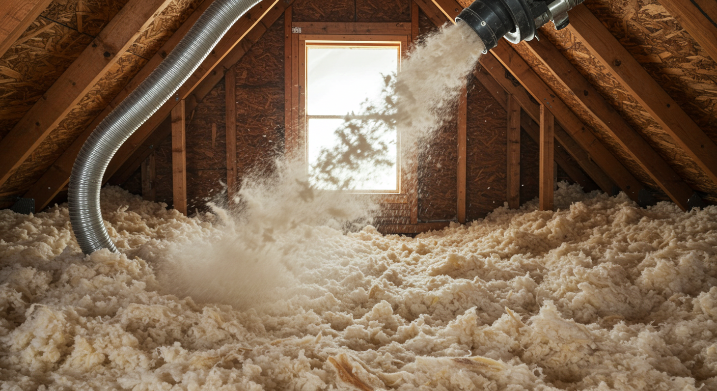 Blown-in insulation being installed in an attic.