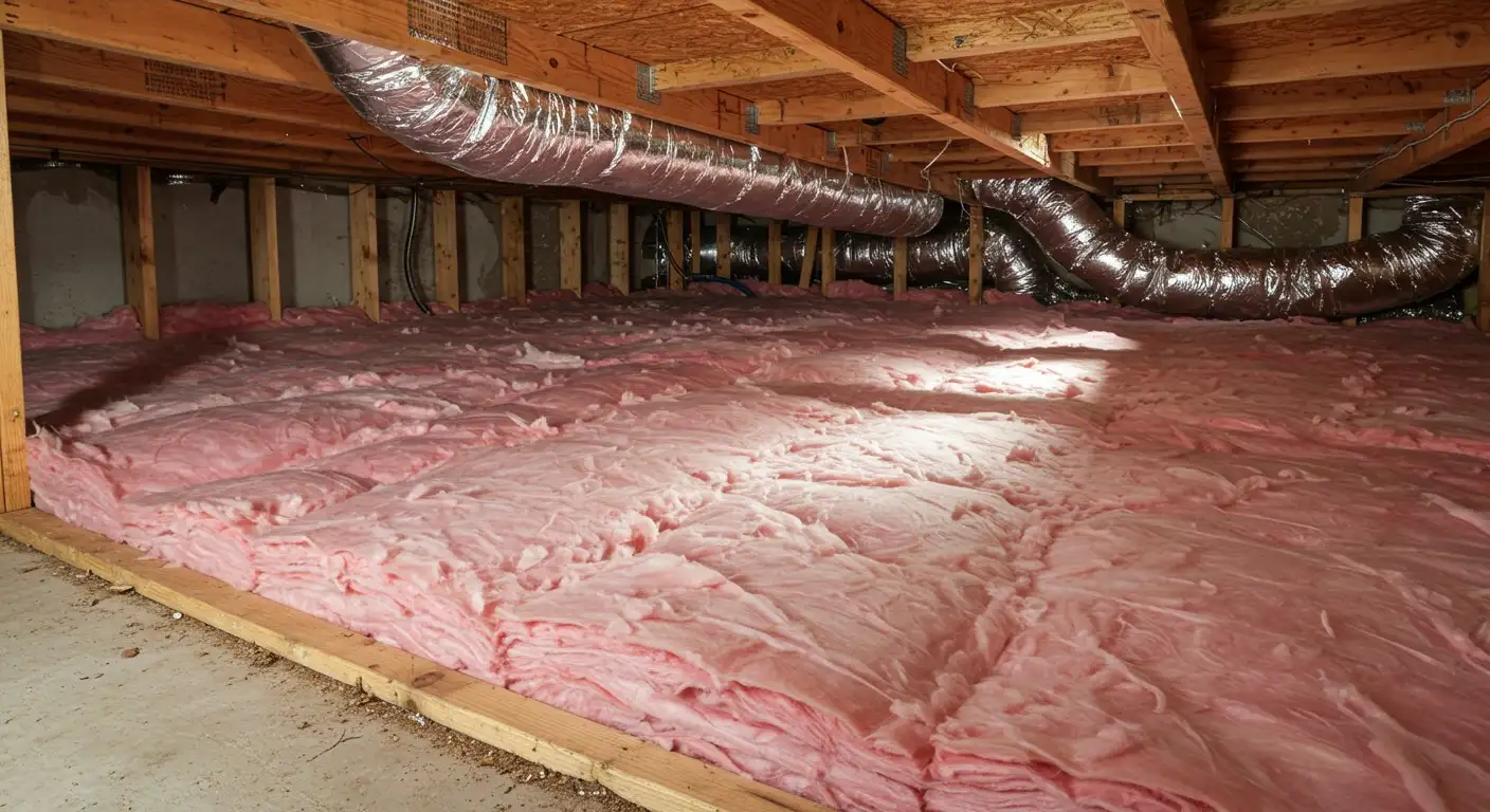 Pink fiberglass insulation in a crawlspace.