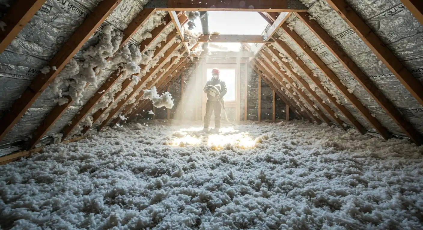 Man spraying insulation in dusty attic.