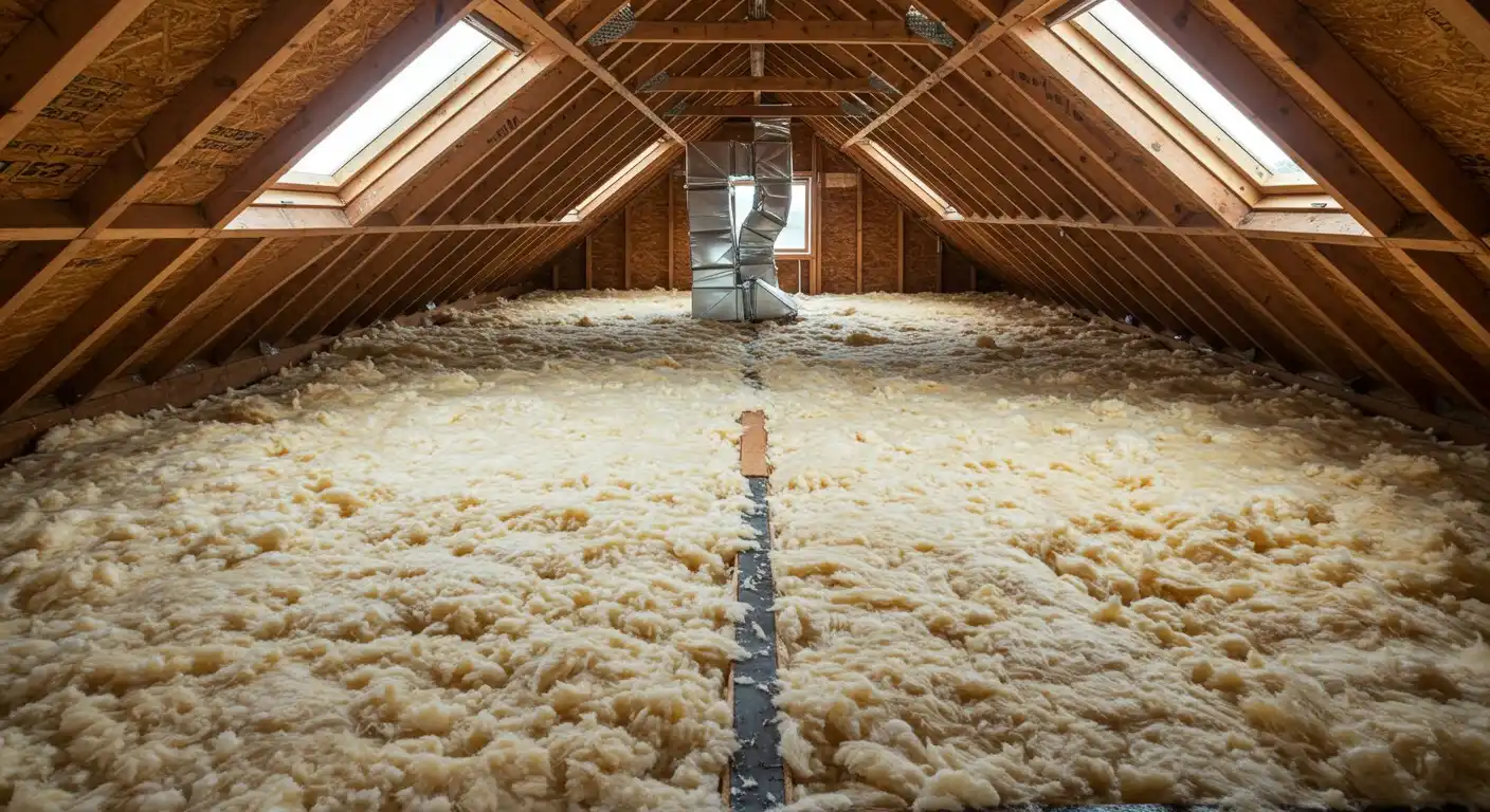Installed batt insulation in an attic.