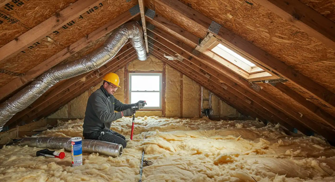 A person installing attic insulation.