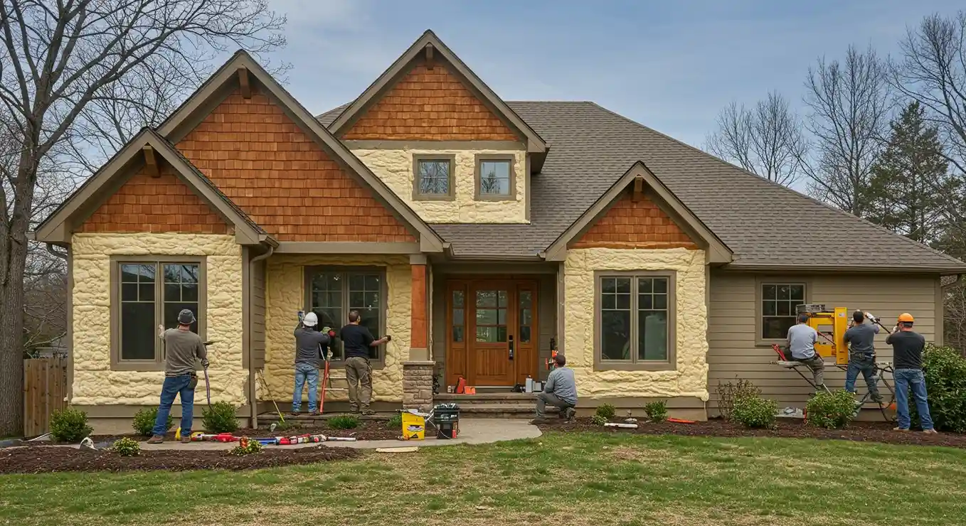 Workers insulating and siding a house.