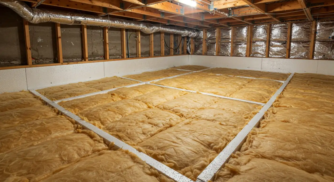 A partially insulated crawl space.