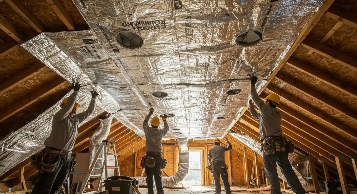 Workers installing a radiant barrier ceiling.