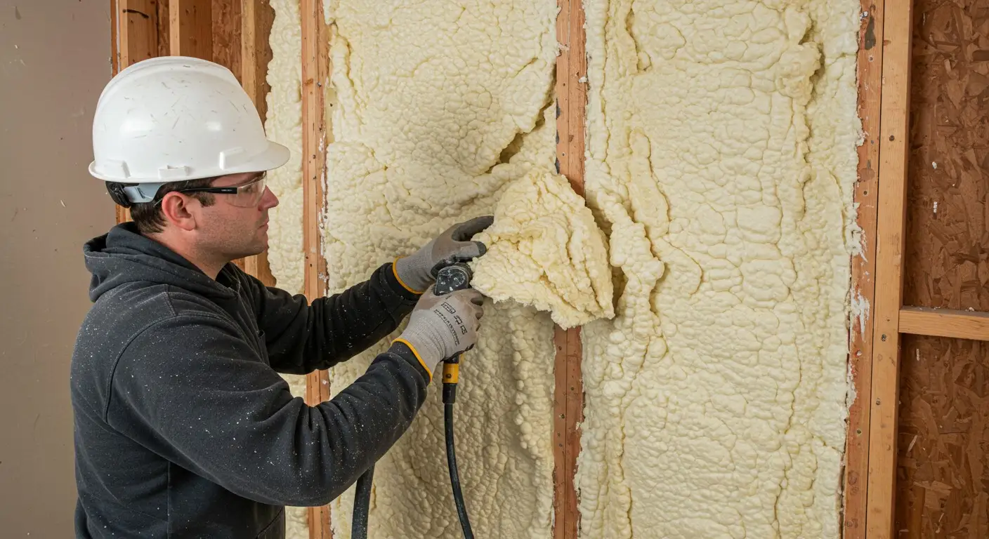 A construction worker spraying foam insulation.