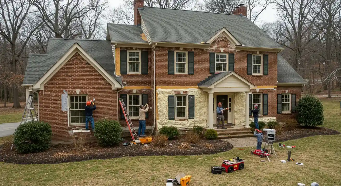 Men renovating and insulating a house.