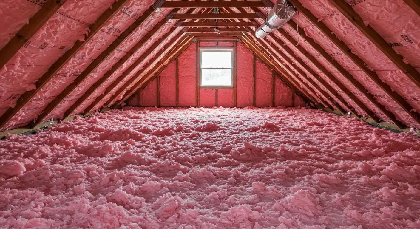 Pink insulation installed in an attic.