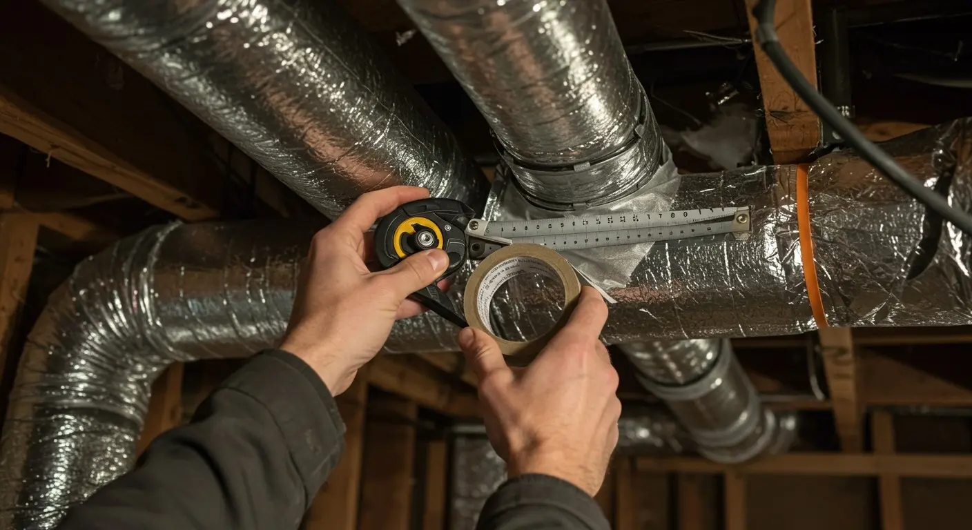 A person sealing HVAC ductwork.