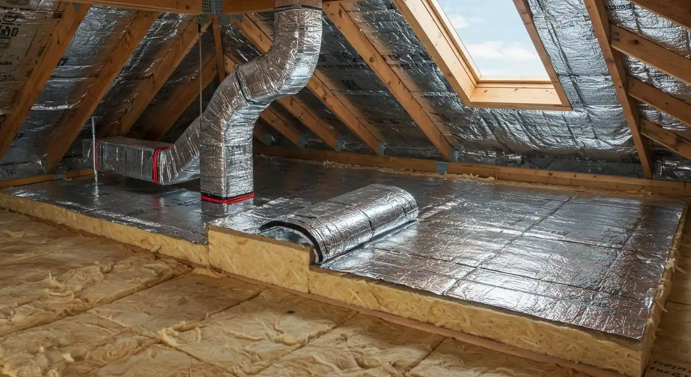 Radiant barrier installation in an attic.