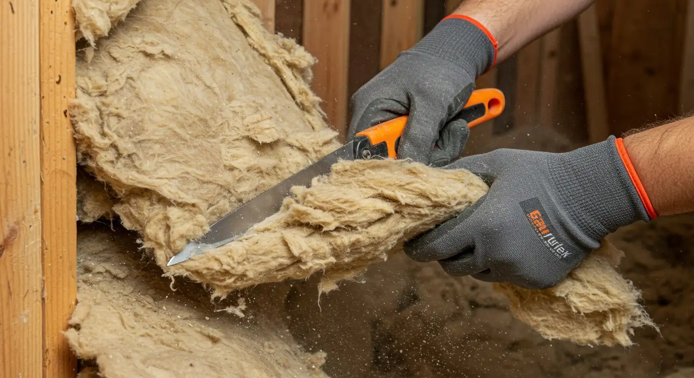 A person cutting fiberglass insulation.