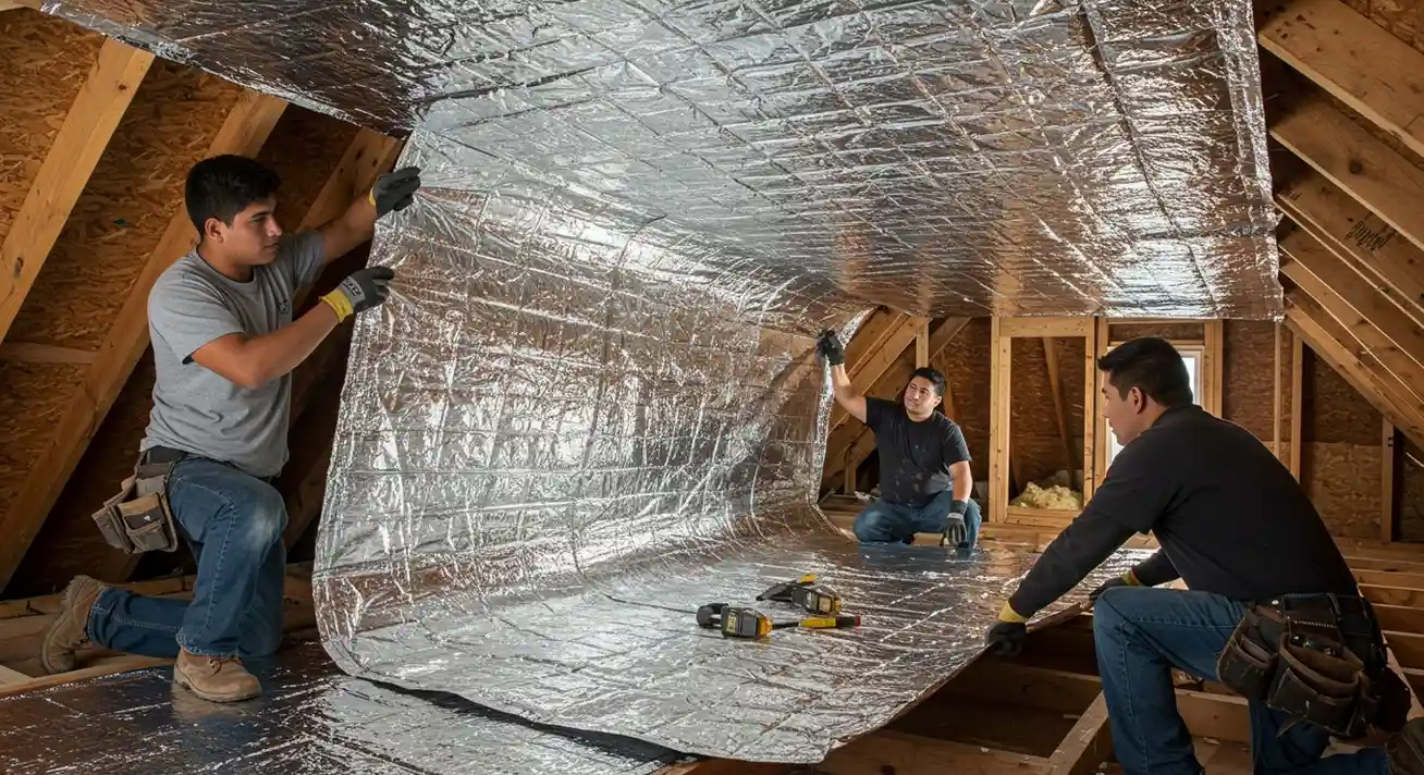Workers installing a reflective insulation material.