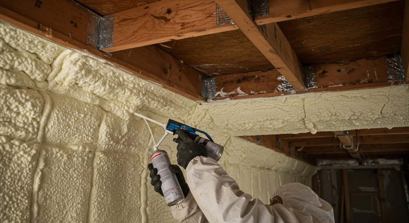 A technician spraying crawl space insulation.