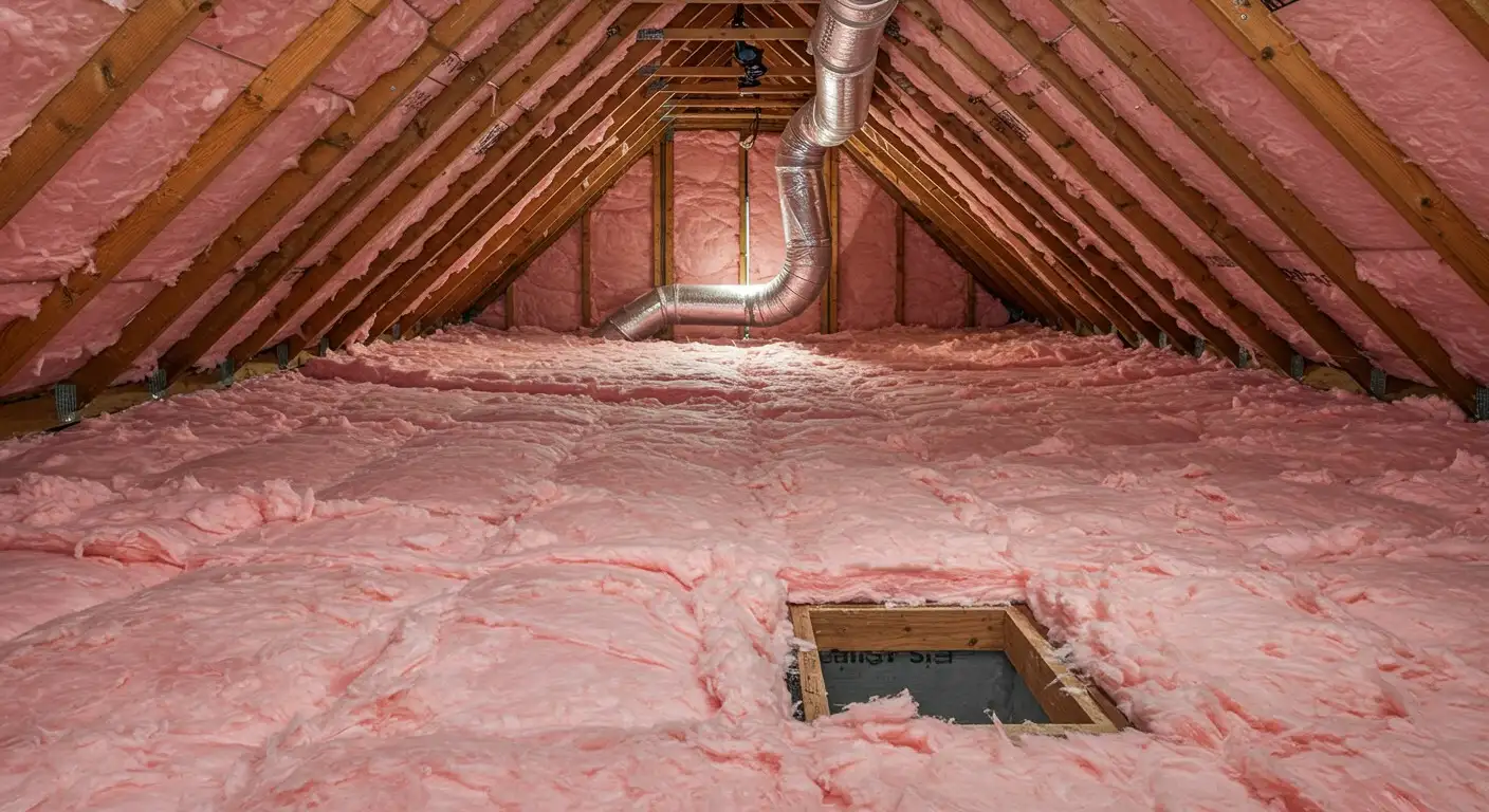 Newly installed pink insulation in an attic.