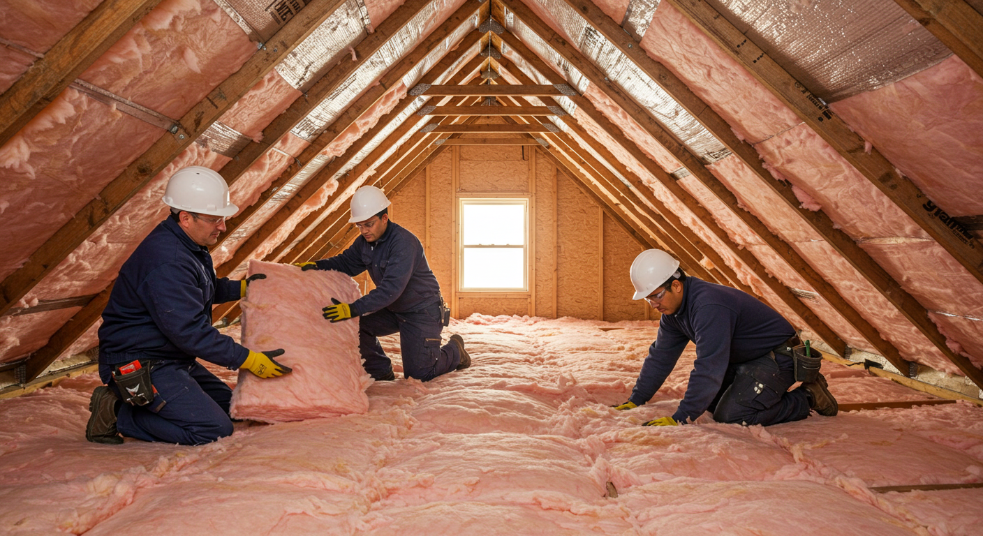 Three construction workers installing pink insulation.