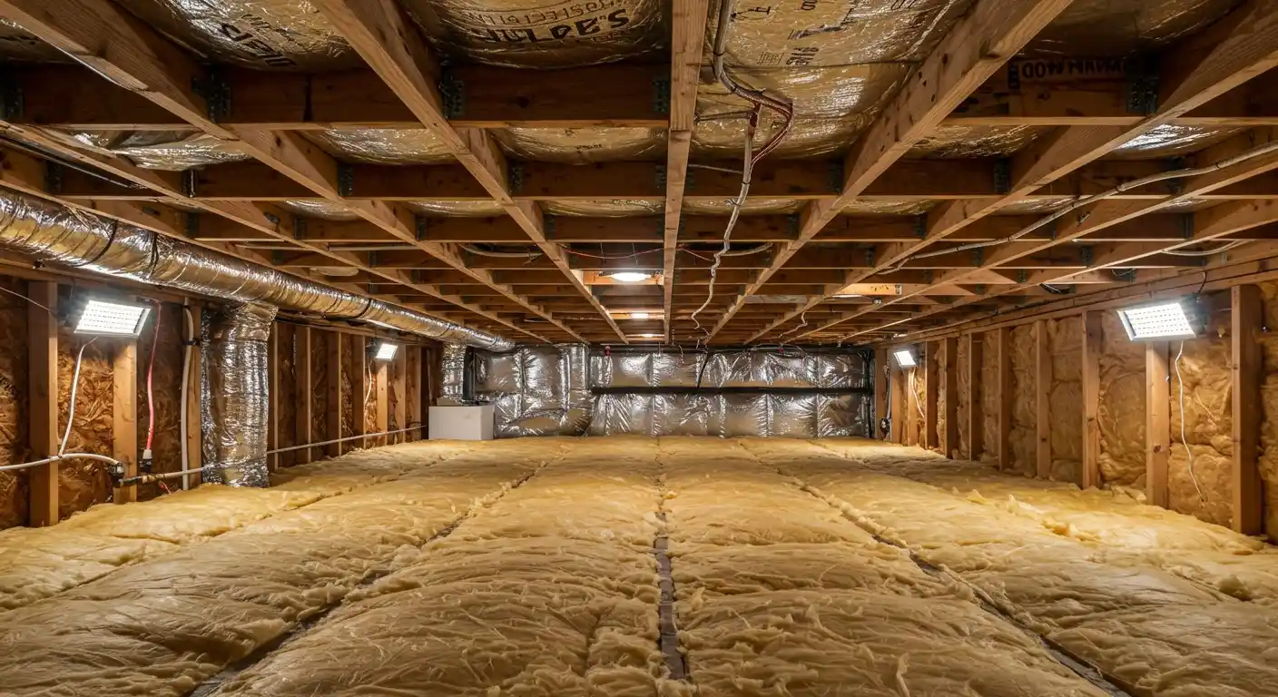 An insulated basement with fiberglass and foil.