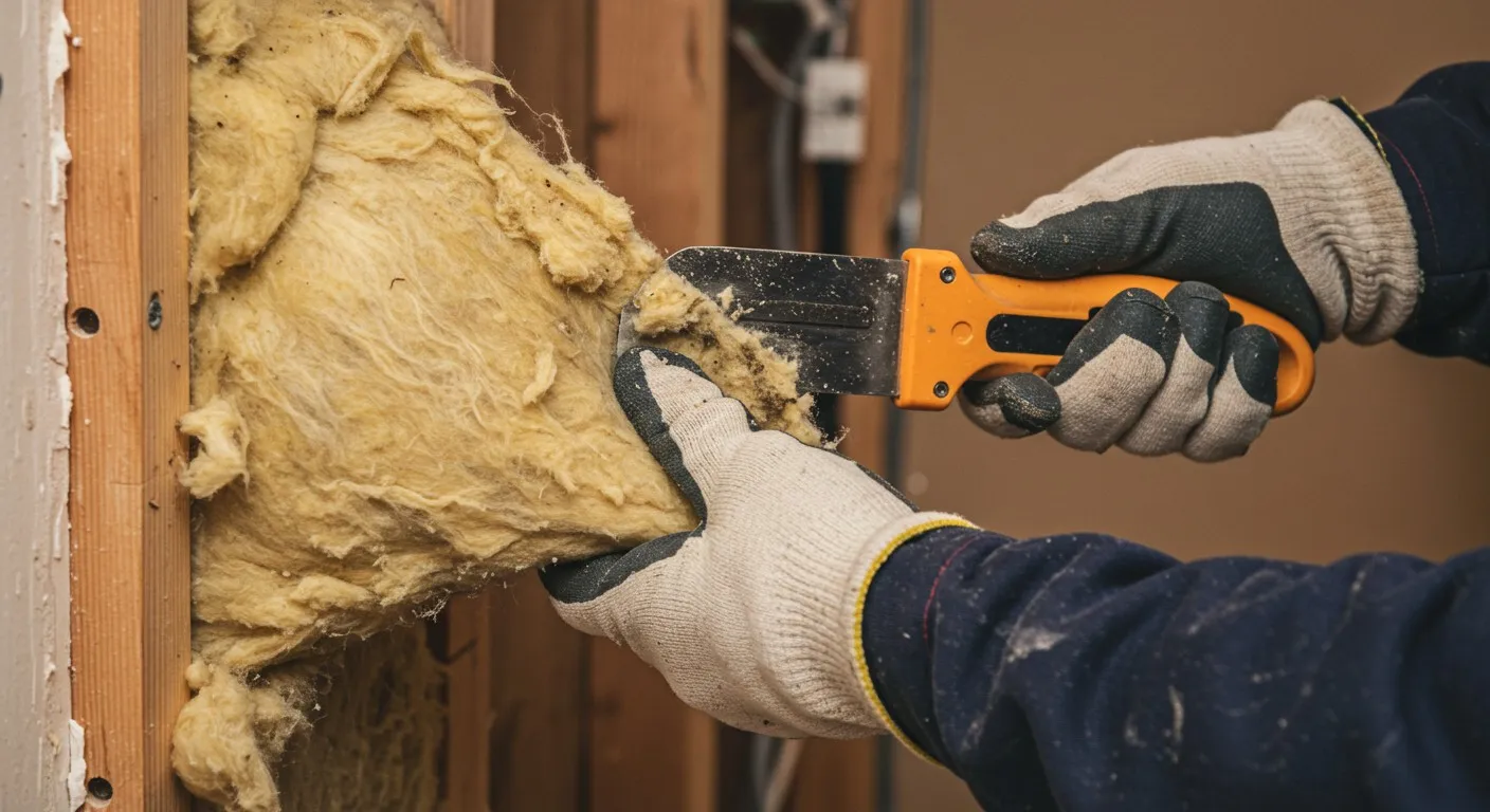 A person cutting wall insulation.
