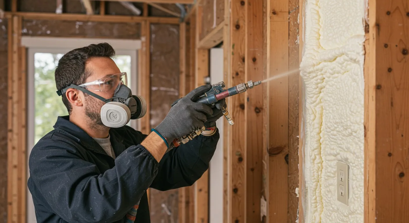 Man spraying foam insulation indoors.