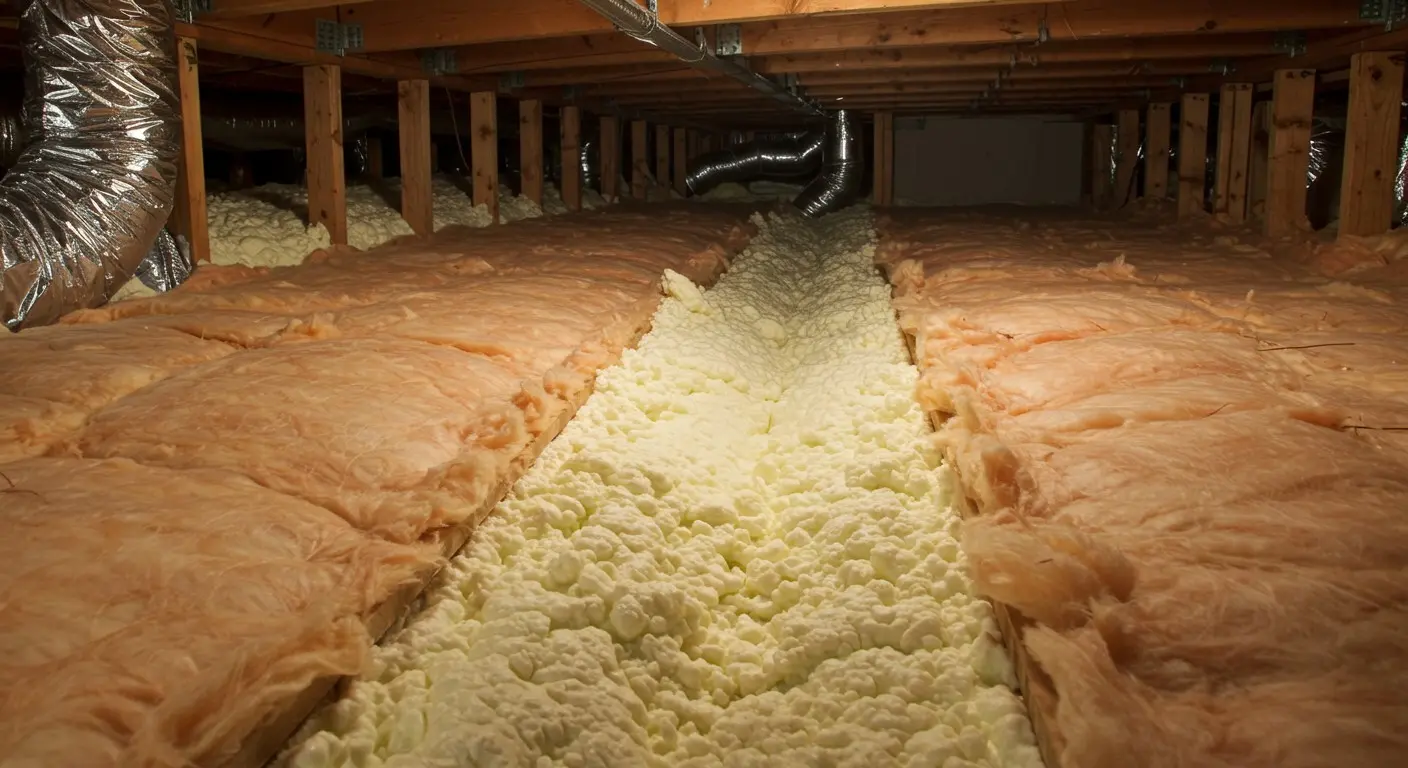 Foam and fiberglass crawl space insulation.