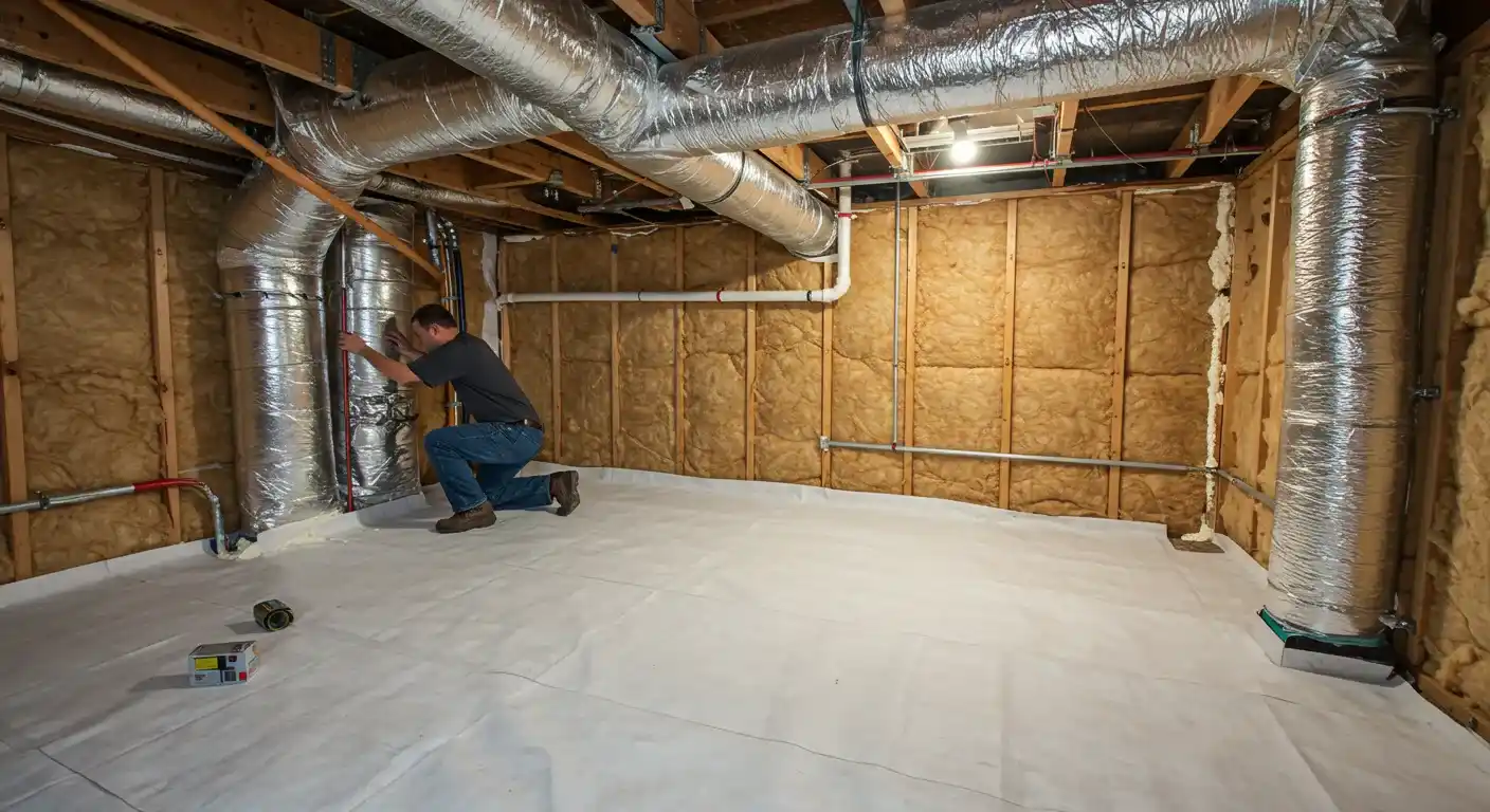 A professional kneels in a clean crawl space, securing insulation and sealing seams around a large duct with white material. The space has a vapor barrier on the floor and is well-lit.