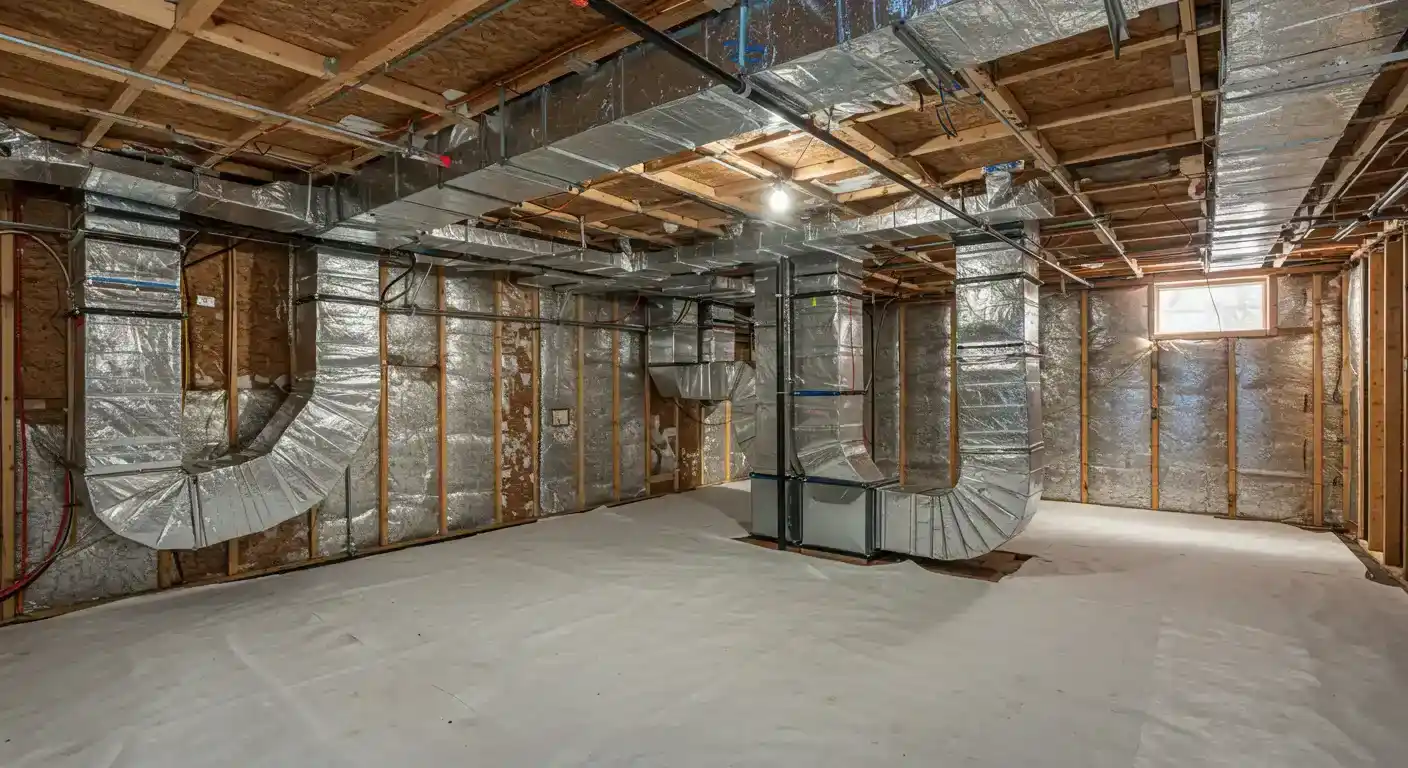 An image of a completely insulated crawl space. The walls are lined with a reflective barrier over insulation, and the floor has a white vapor barrier. Complex silver ductwork is a major feature of the space.
