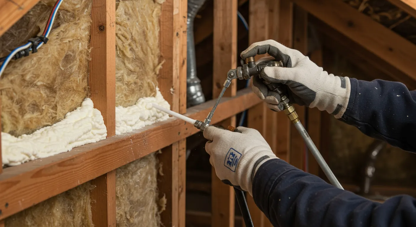 Close-up of gloved hands holding a spray foam gun to seal cracks in the wooden beams of a residential attic.