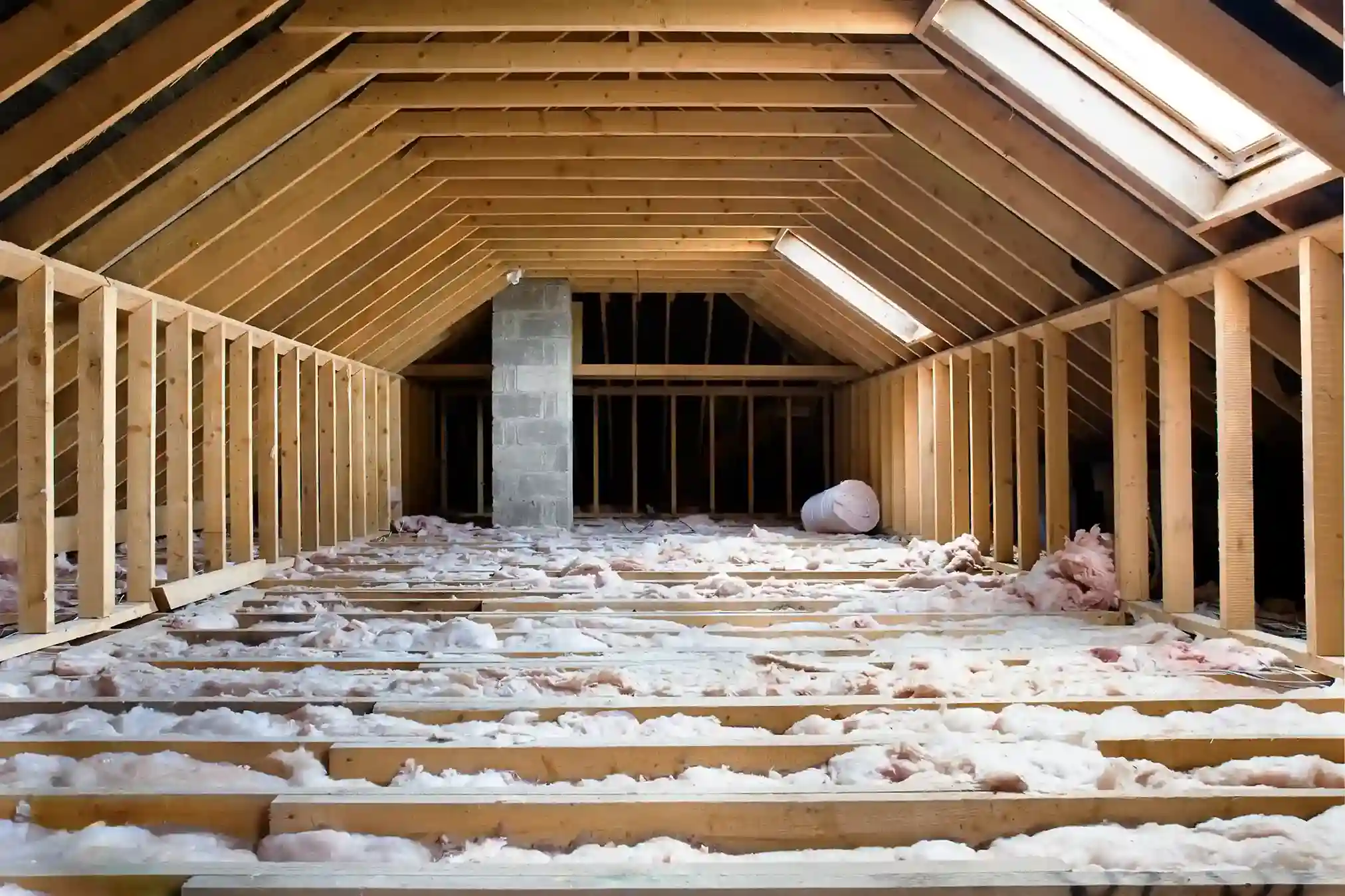 A wide shot of a bare attic with wooden beams and a layer of pink fiberglass insulation between the floor joists.