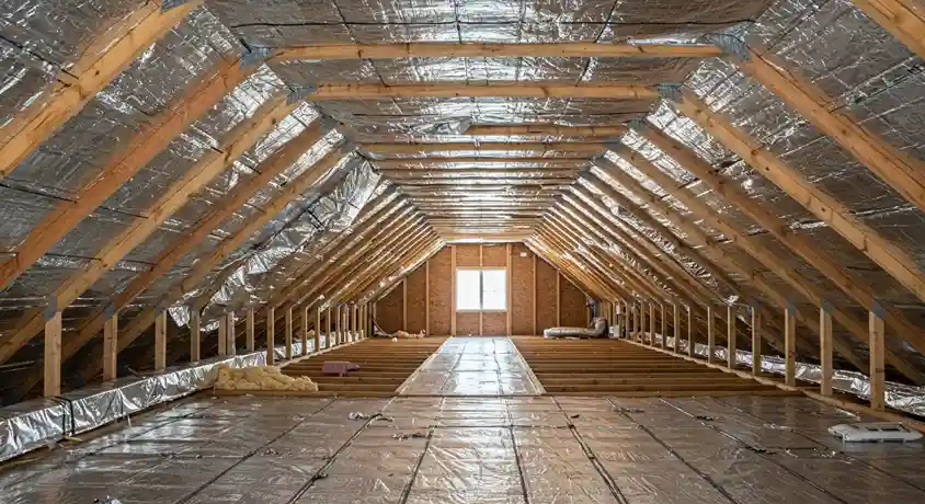 A wide, long view of an attic with a radiant barrier on the roof. A walkway is cleared, showing the floor boards and a large silver duct.