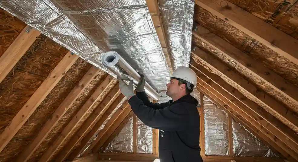 A contractor wearing a hard hat and gloves holds a roll of silver radiant barrier, preparing to install it on the wooden rafters of an attic.