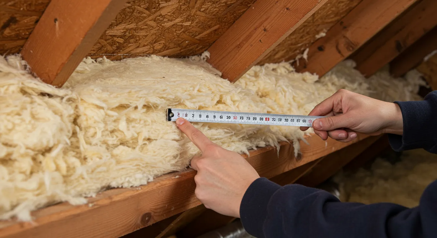 A close-up of a person's hands using a tape measure to check the thickness of fluffy insulation in an attic.