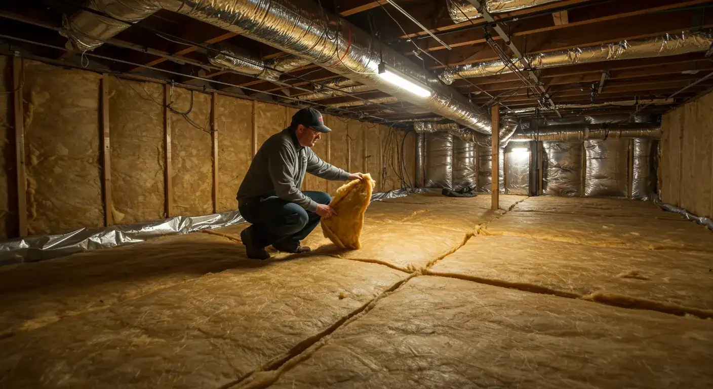 A contractor wearing a baseball cap lifts a section of yellow insulation from the floor of a crawl space to inspect it.