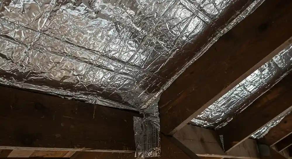 A close-up view of a shiny, silver radiant barrier installed between the wooden rafters and braces of an attic roof.