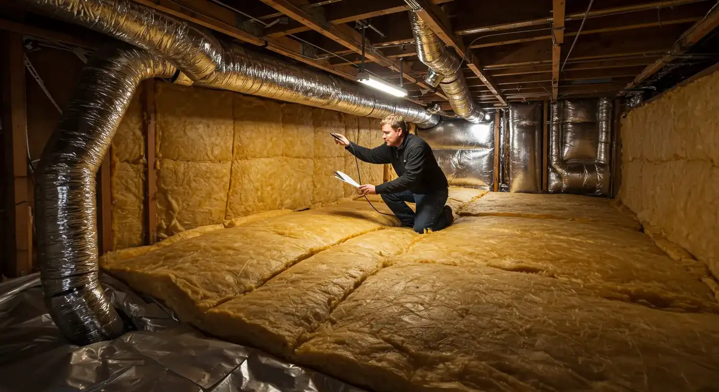 A home inspector kneeling in an attic or crawl space, examining yellow insulation with a flashlight and clipboard.