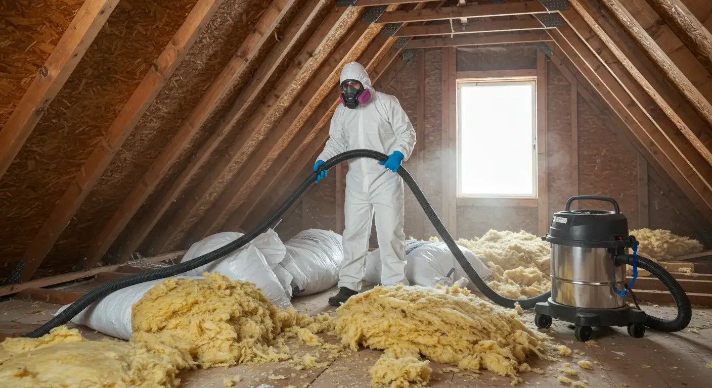 A professional in a white hazmat suit and respirator stands in an attic, holding a large vacuum hose as it sucks up loose, yellow insulation. The vacuum is a large silver canister model, and several bags of insulation are nearby.