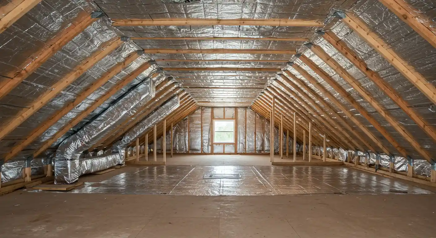 View looking up at the interior of an attic roof. The wooden rafters are visible, and a shiny, silver radiant barrier has been installed between them.